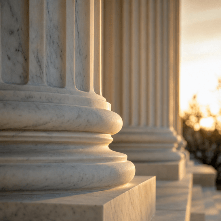 Georgia Stem Cell Law illustrated by marble courthouse columns at sunrise