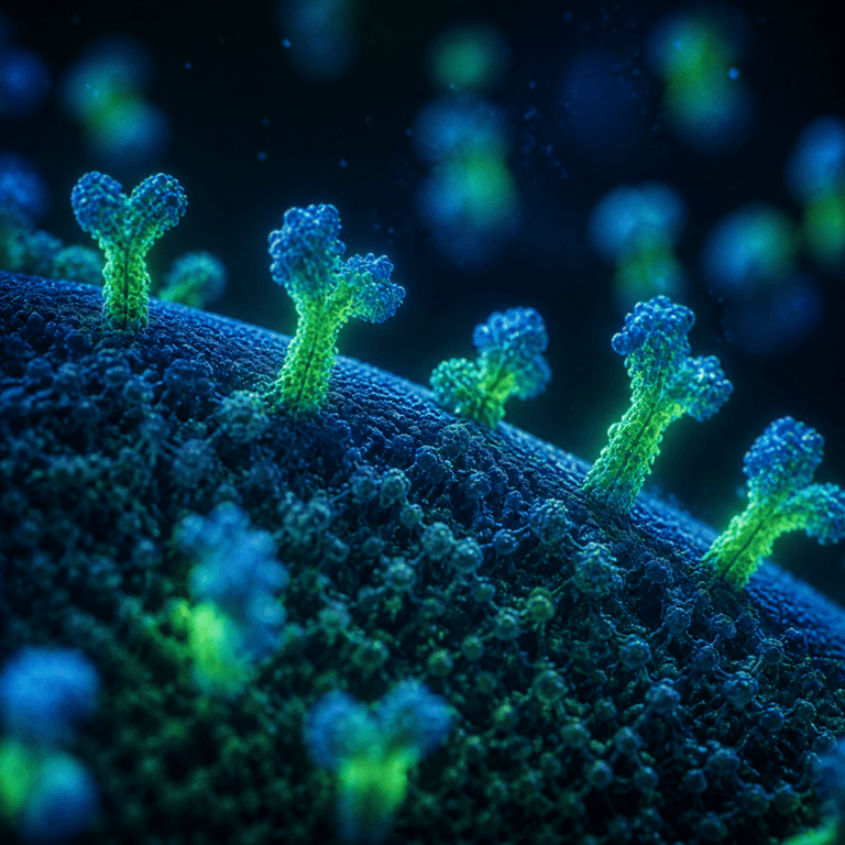Surface Marker Testing shown as receptor proteins on a blue cell membrane
