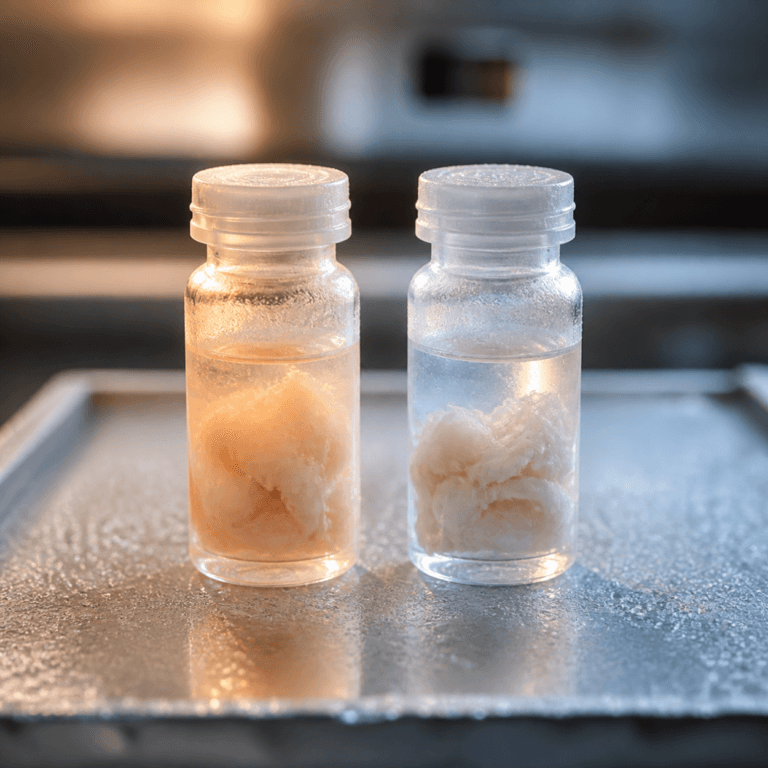 Autologous vs Allogeneic sourcing shown by two cryovials on a frosted metal tray