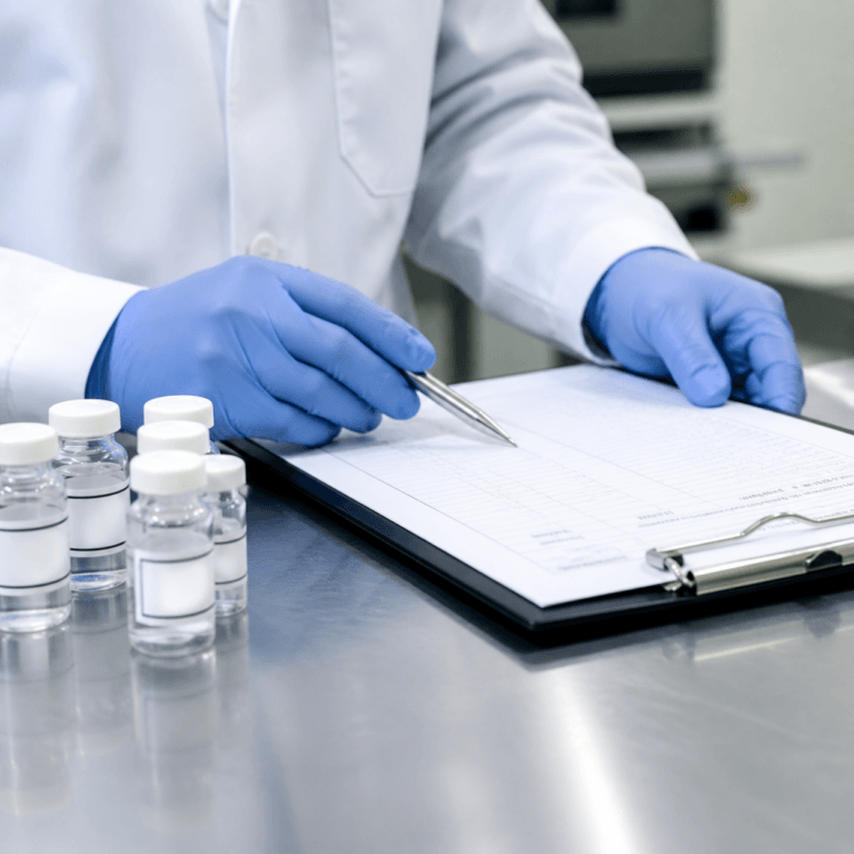 Tissue Bank Compliance shown by a gloved technician recording data beside vials