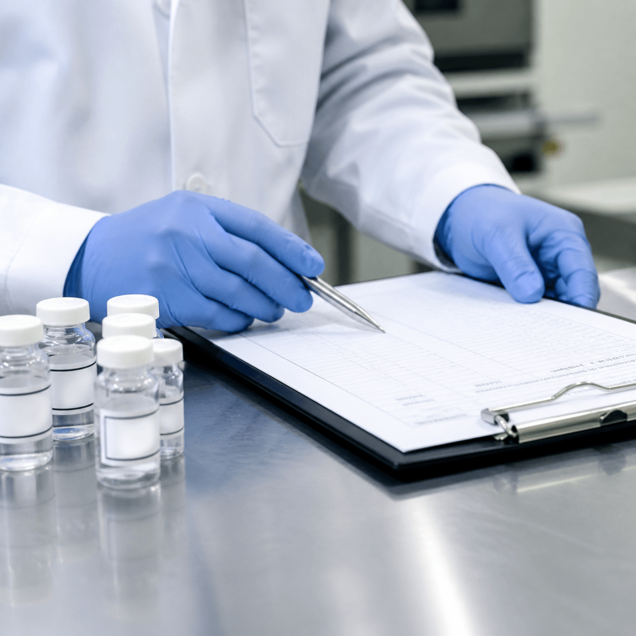 How Tissue Banks Validate Regulatory Compliance: A Behind-The-Scenes Look 1 Tissue bank compliance shown by a gloved technician recording data beside vials