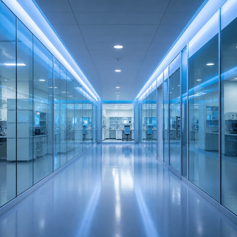 Extracellular Vesicle research setting shown as a blue lit laboratory corridor