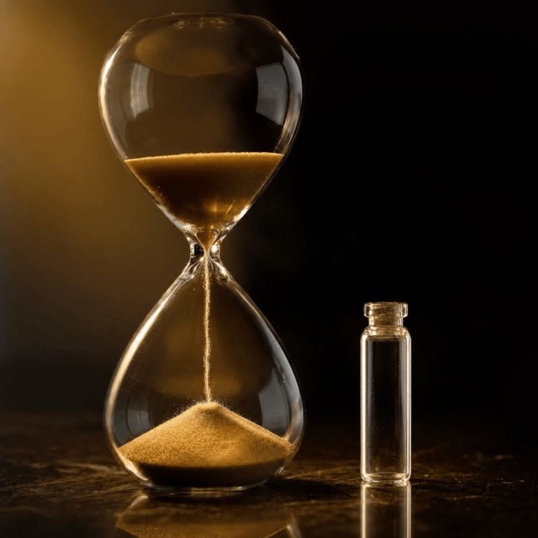Ryoncil approval timeline shown as an hourglass beside a single glass vial