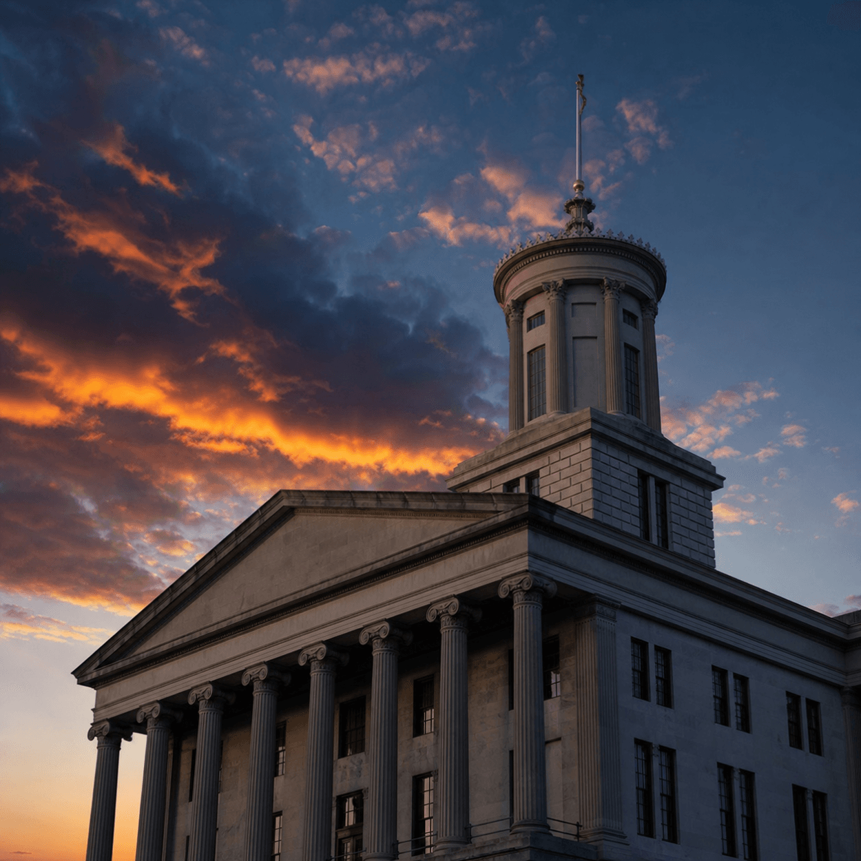 Tennessee stem cell law illustrated by the tennessee state capitol at sunset