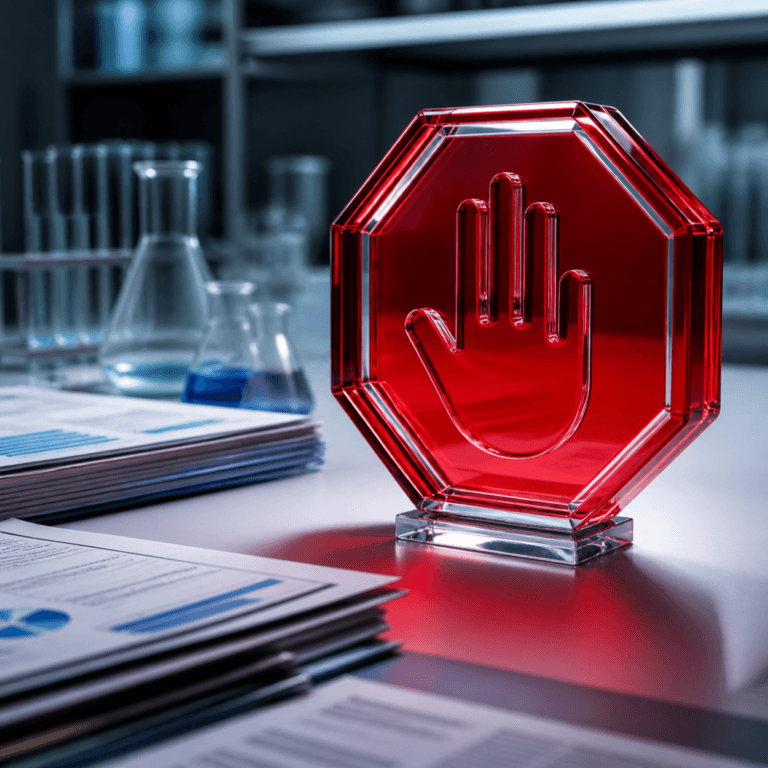 Terminated Clinical Trial shown as a red stop sign beside stacked study documents