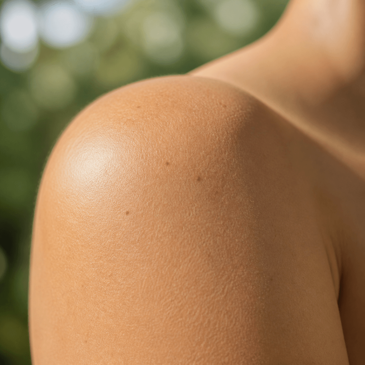 Dermatologist adipose banking shown as healthy skin on a shoulder in natural light