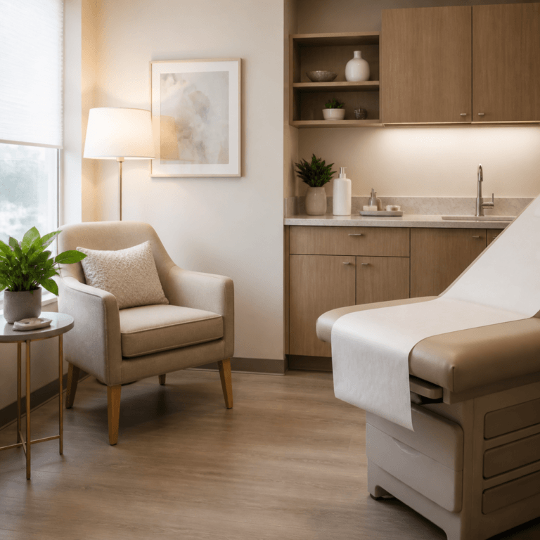 OB-GYN Adipose Banking shown in a calm clinical exam room beside a window