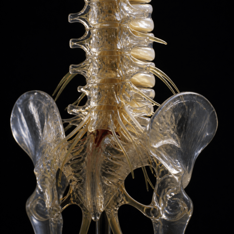 Chronic Pain anatomy shown on a translucent model of the lumbar spine and pelvis