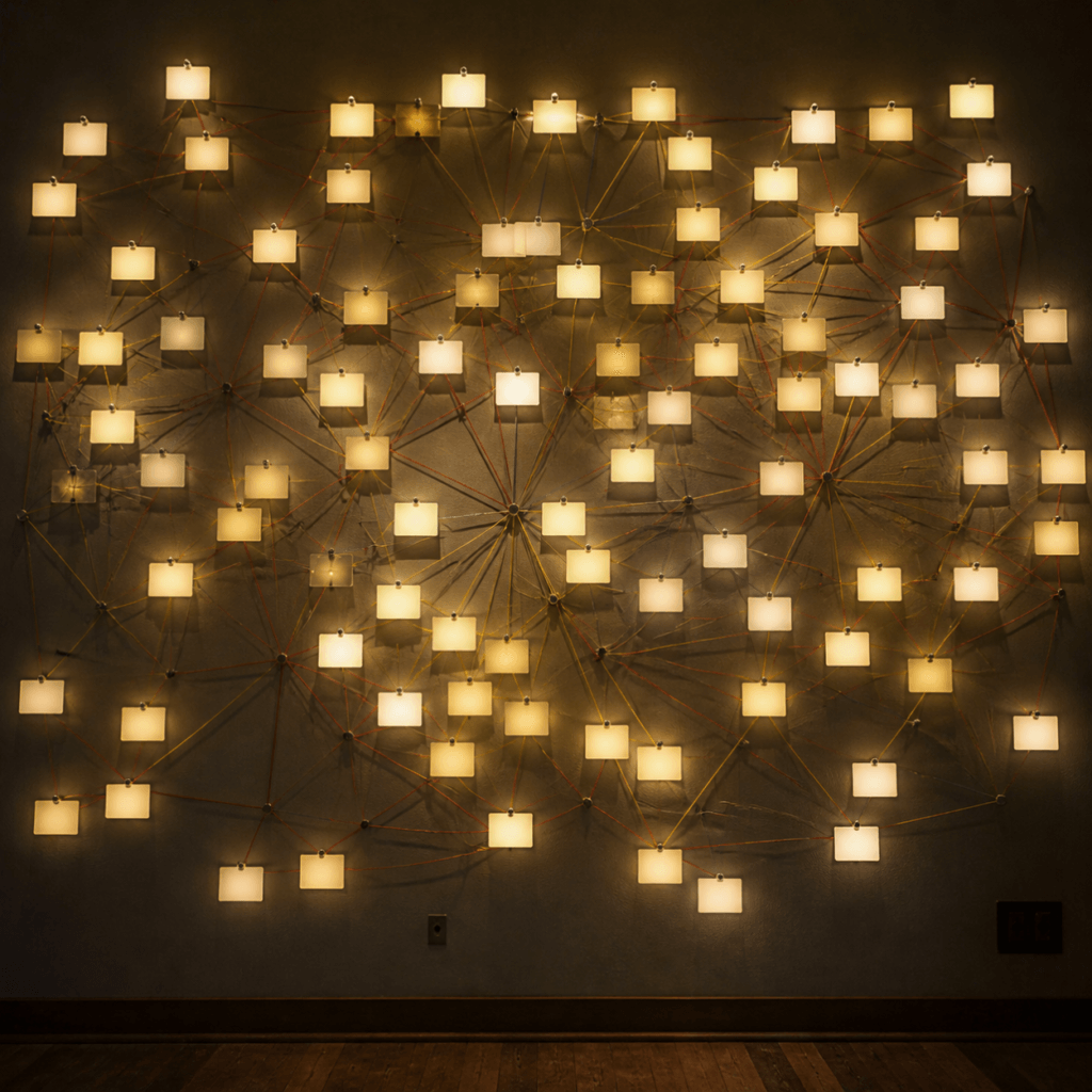 Adipose msc trials shown as a wall of illuminated panels connected by threads