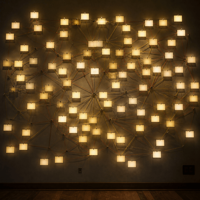 Adipose MSC Trials shown as a wall of illuminated panels connected by threads