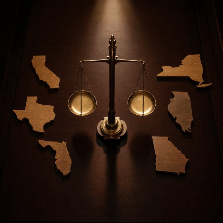 Stem Cell Advertising Disclosure shown as brass scales of justice with state cutouts