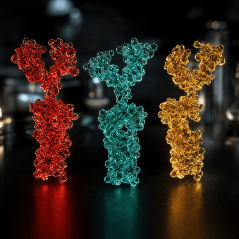 ISCT Minimal Criteria represented by antibody protein models on a laboratory bench