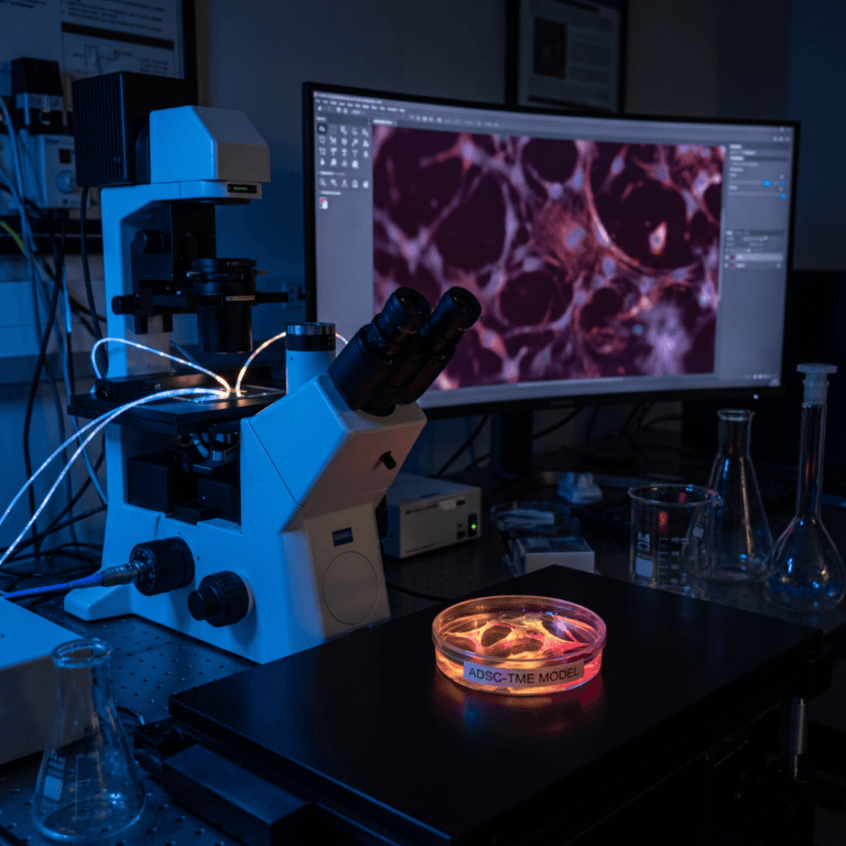 Microscope and monitor showing magnified cells beside a petri dish under blue light, the screening behind adipose banking