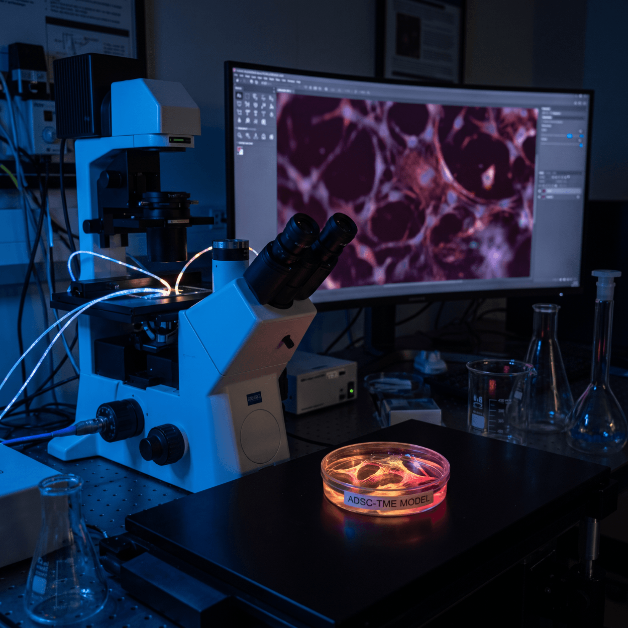 Microscope and monitor showing magnified cells beside a petri dish under blue light, the screening behind adipose banking