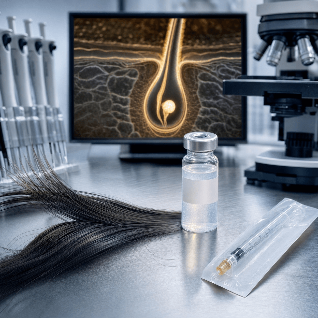 Adipose Stem Cell Hair Restoration: What The Research Actually Shows 1 Lock of dark hair, a vial and a packaged syringe on a lab bench below a hair follicle cross section, cell therapy under study