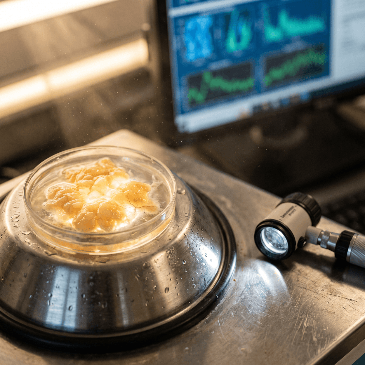 Adipose-Derived Stem Cells: A Clinical Trials Landscape Overview 1 Adipose tissue in a petri dish on a stainless base beside a monitor of trial data, the clinical trials landscape in miniature
