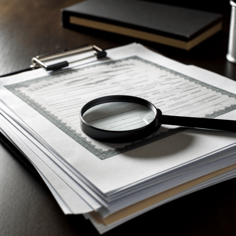 Magnifying glass on a stack of printed documents beside a bound book, the paper trail behind whether stem cells are legal
