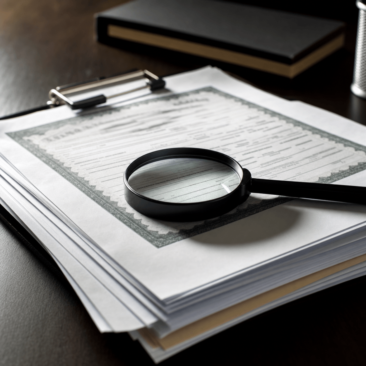 Magnifying glass on a stack of printed documents beside a bound book, the paper trail behind whether stem cells are legal