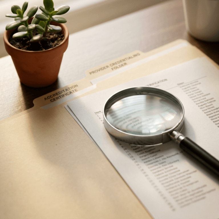 Magnifying glass over a provider credentialing document beside a small plant, the first step in any stem cell provider check