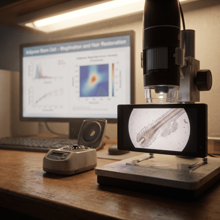 Digital microscope displaying a magnified hair follicle beside a chart monitor, in a tissue banking laboratory