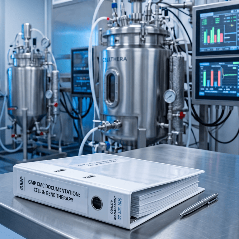 Stainless bioreactor with gauges and control screens beside a GMP documentation binder, a step removed from adipose banking