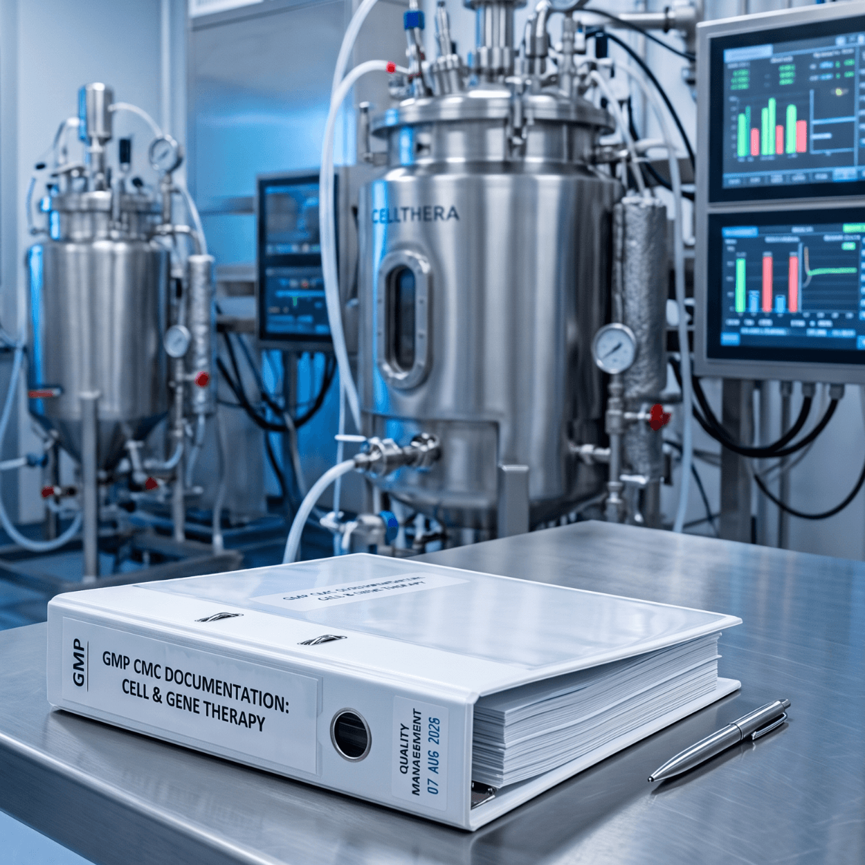 Exosome Banking: How It Differs From Whole-Cell Adipose Banking 1 Stainless bioreactor with gauges and control screens beside a gmp documentation binder, a step removed from adipose banking