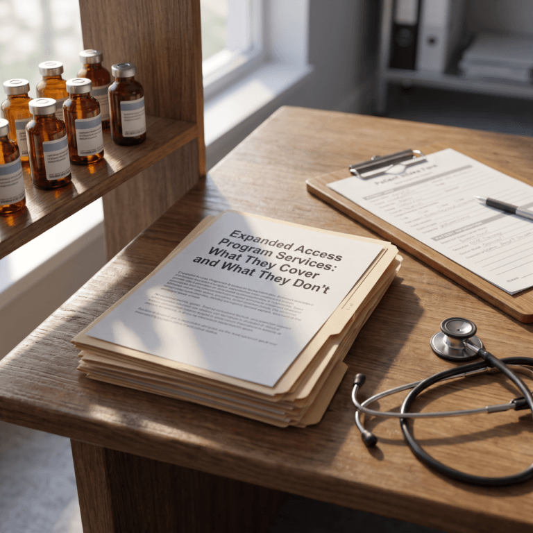 How Adipose Tissue Banking Works | Savemyfat 5 Printed guide to expanded access program services on a sunlit desk beside a stethoscope and amber vials