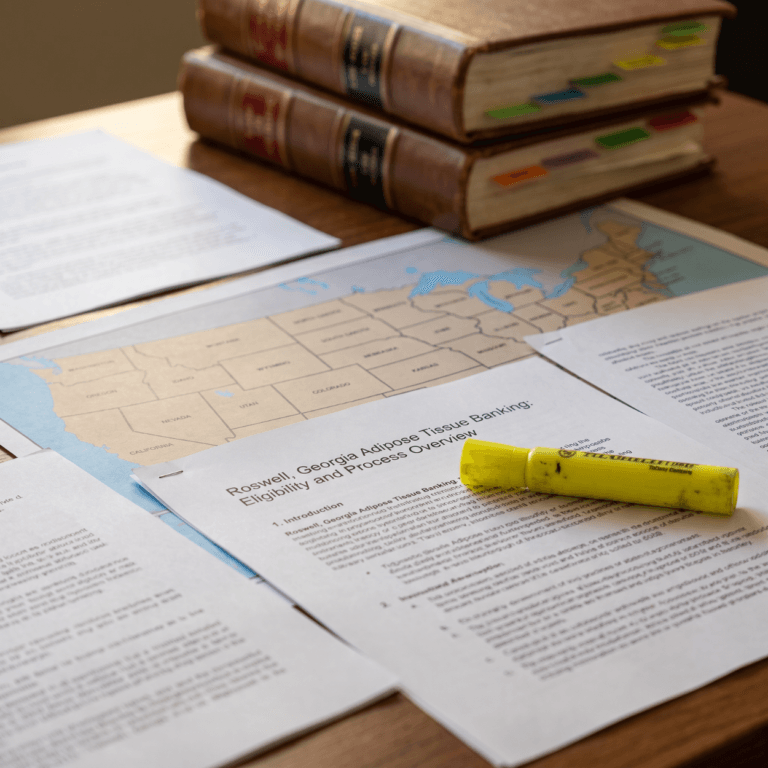 United States map, tabbed legal volumes and a highlighter on a desk, the state by state view of stem cell law