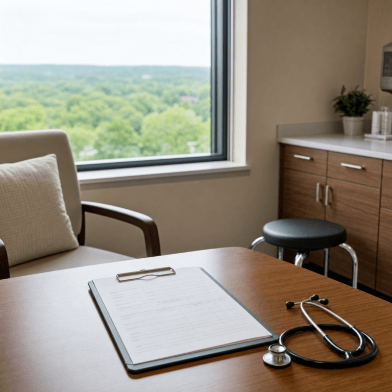 Clipboard and stethoscope on a clinic desk beside a window of wooded hills, where a marietta tissue banking consult begins