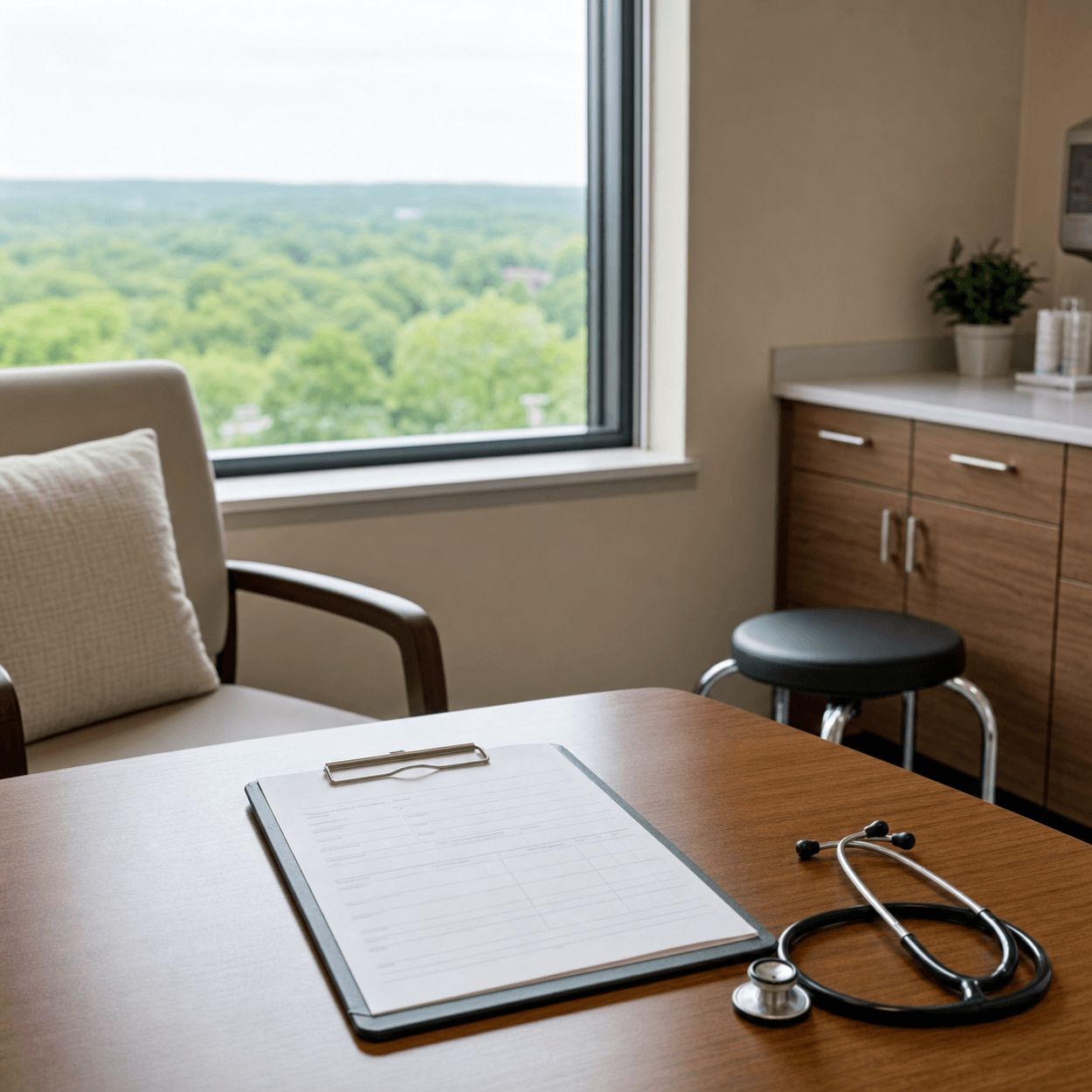 Marietta, Georgia Adipose Tissue Banking: What Local Patients Need To Know 1 Clipboard and stethoscope on a clinic desk beside a window of wooded hills, where a marietta tissue banking consult begins