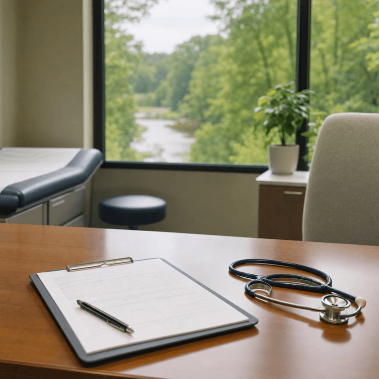 Clipboard, pen and stethoscope on a desk facing a wooded river, a plain setting for defining what stem cells are