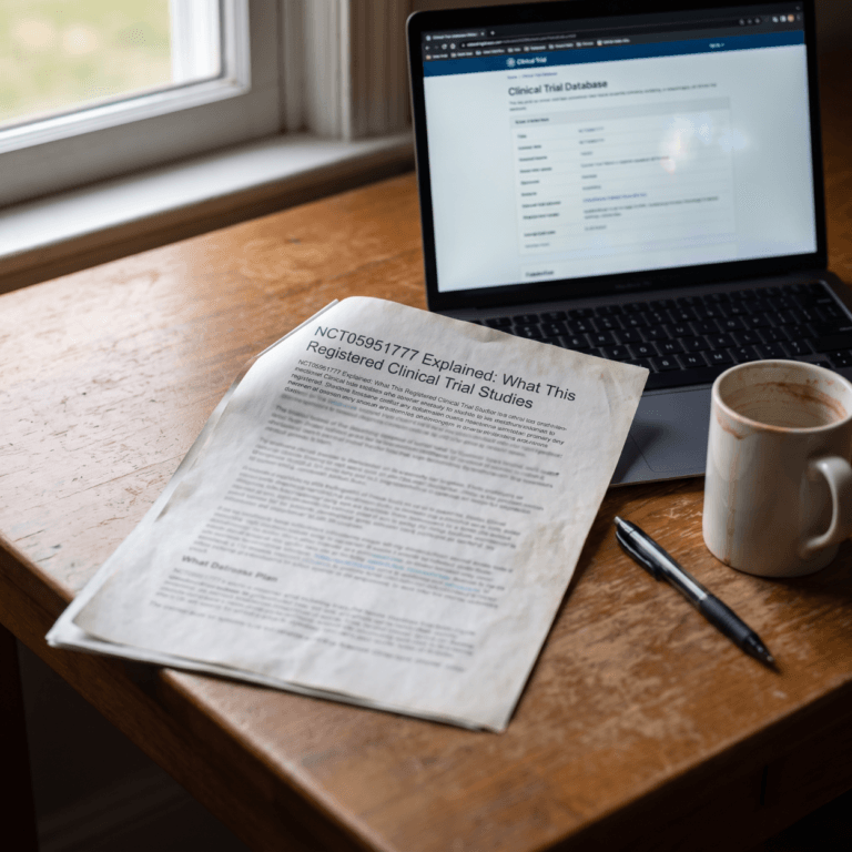 Printed explainer of trial NCT05951777 beside a laptop showing a clinical trial registry record and a coffee mug