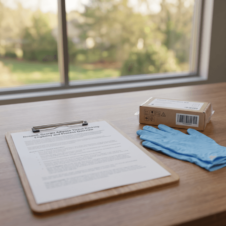 Roswell adipose banking paperwork on a clipboard beside a sealed tissue collection kit box and blue exam gloves