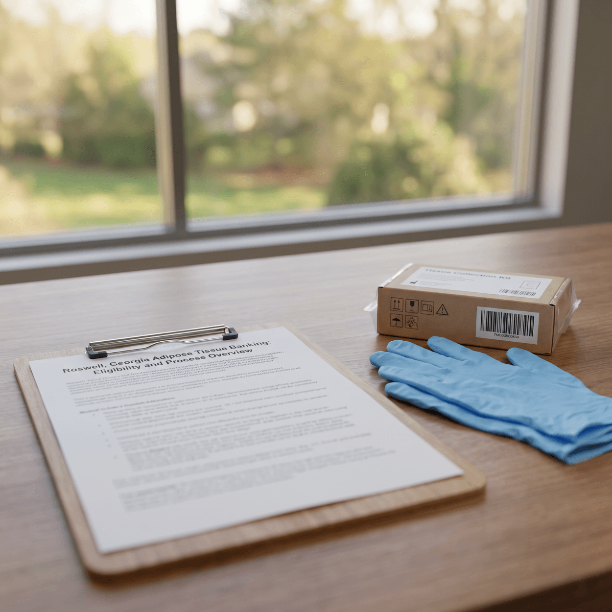 Roswell, Georgia Adipose Tissue Banking: Eligibility And Process Overview 1 Roswell adipose banking paperwork on a clipboard beside a sealed tissue collection kit box and blue exam gloves