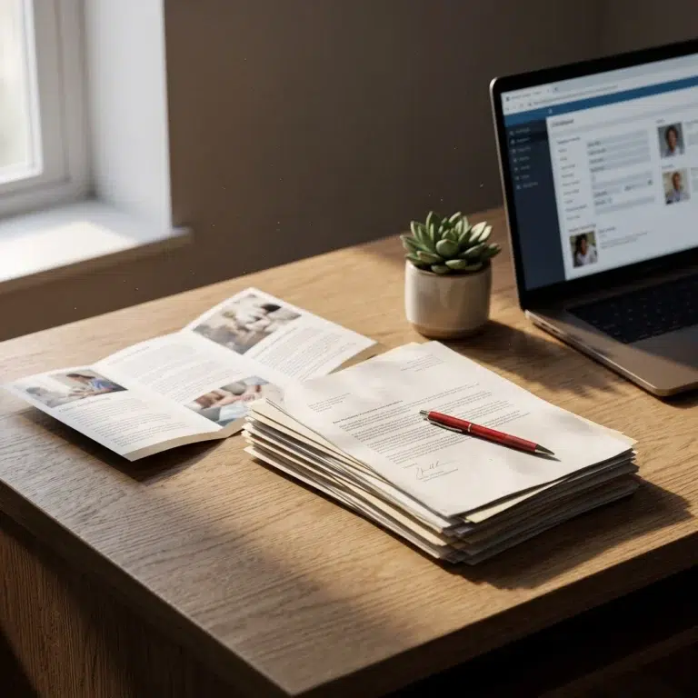 Agency correspondence stacked beside an open clinic marketing brochure and a red pen, where stem cell advertising rules bite