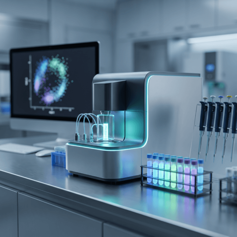 Lab instrument and monitor showing magnified cells beside glowing sample tubes, where stem cells are characterized