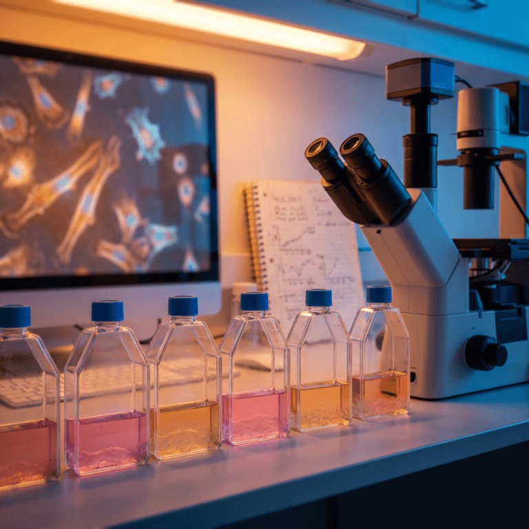 Backlit pink culture flasks beside a microscope and a notebook, laboratory work often misread as stem cells for weight loss