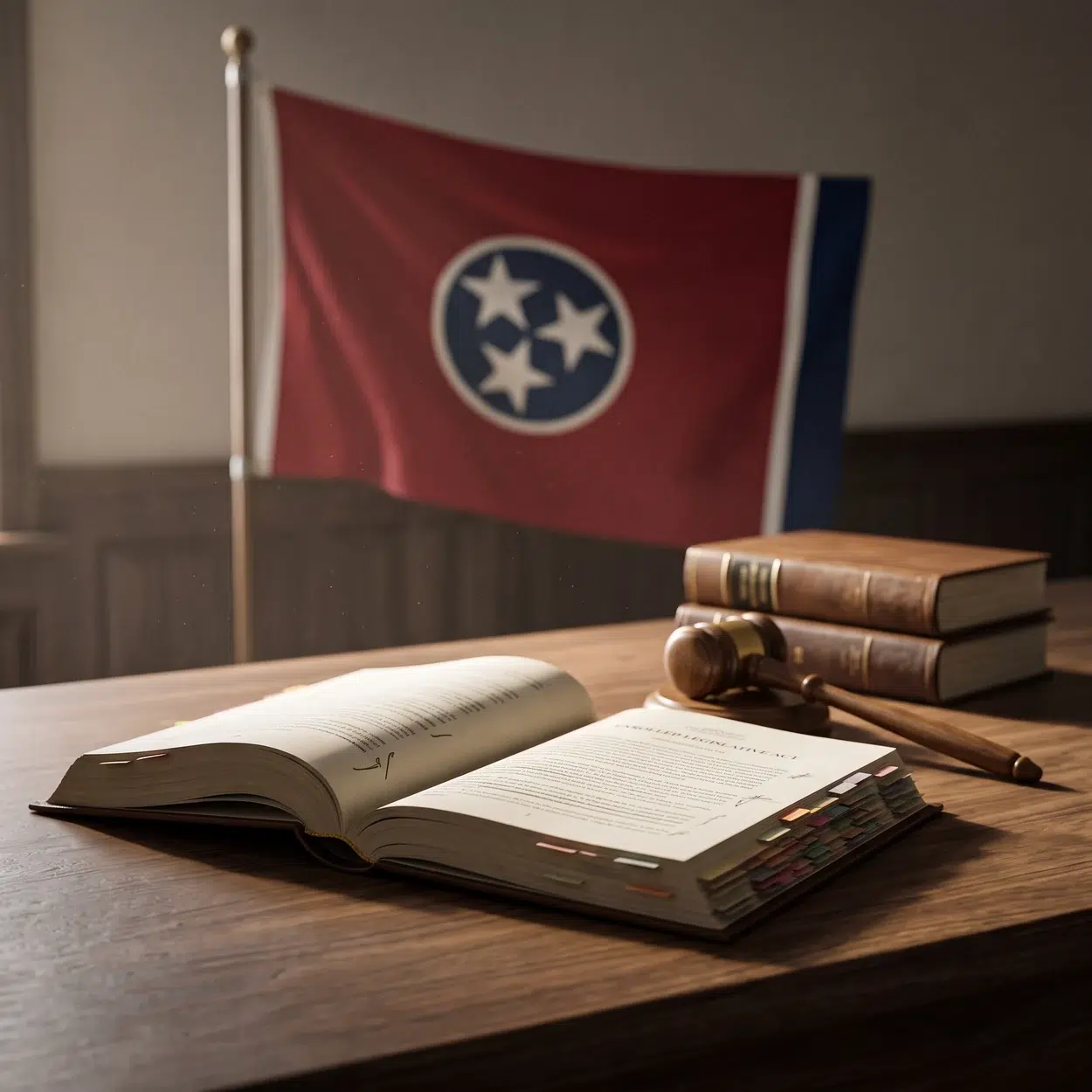 Open enrolled act and a gavel on a walnut desk before the tennessee state flag, the setting for the state's new stem cell law