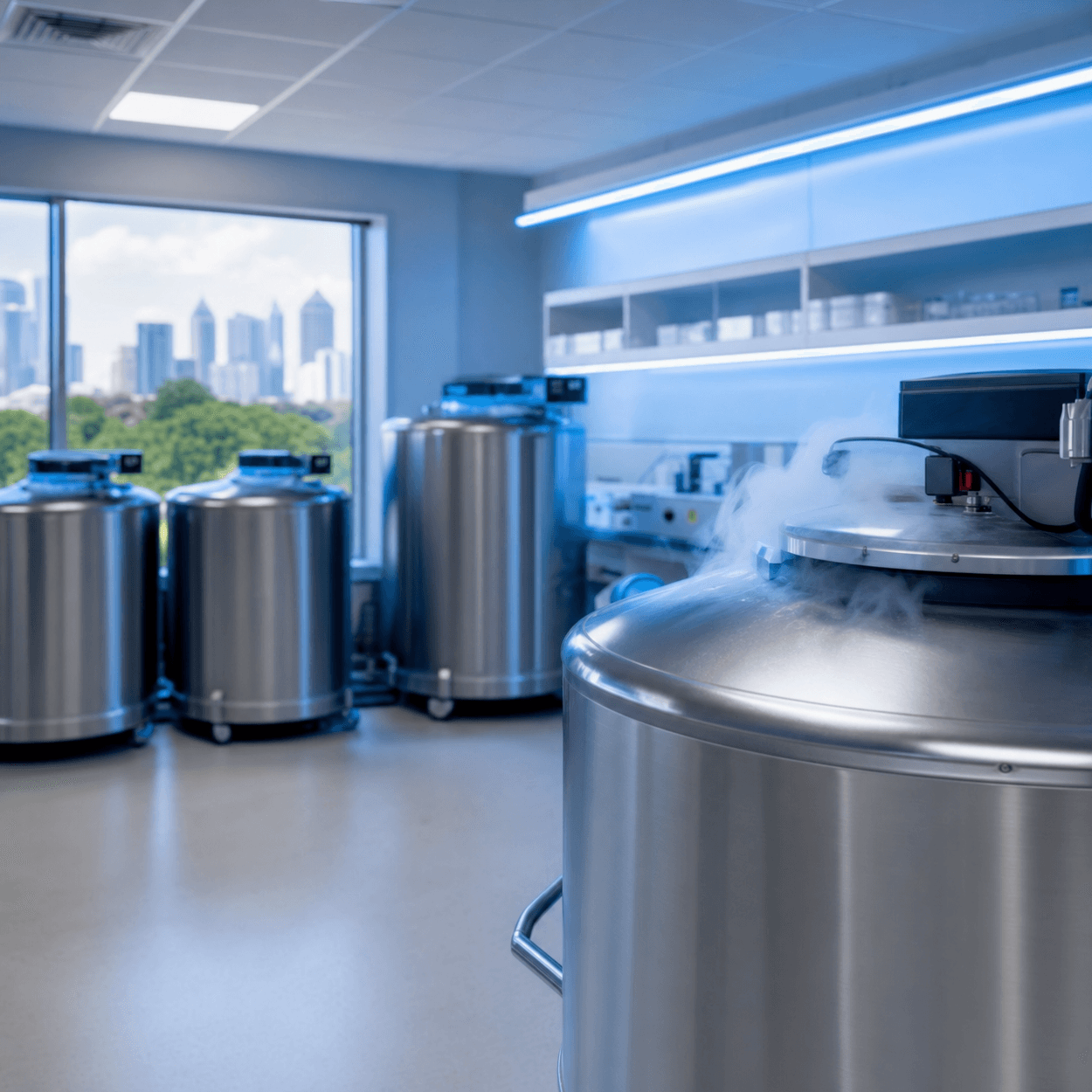 Cryogenic nitrogen tanks venting vapor in a storage room above a city skyline, the standing cost behind tissue banking
