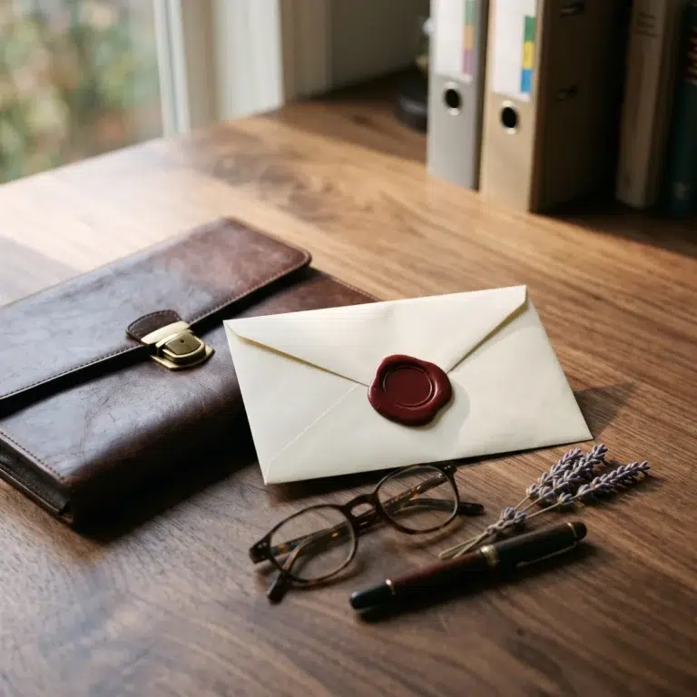 Wax sealed envelope, leather portfolio, glasses and a pen on a walnut desk, estate papers tied to banked tissue succession