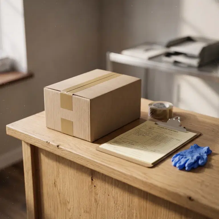 Sealed shipping box with a custody form and blue gloves on an oak counter, paperwork for a Banked Tissue Transfer
