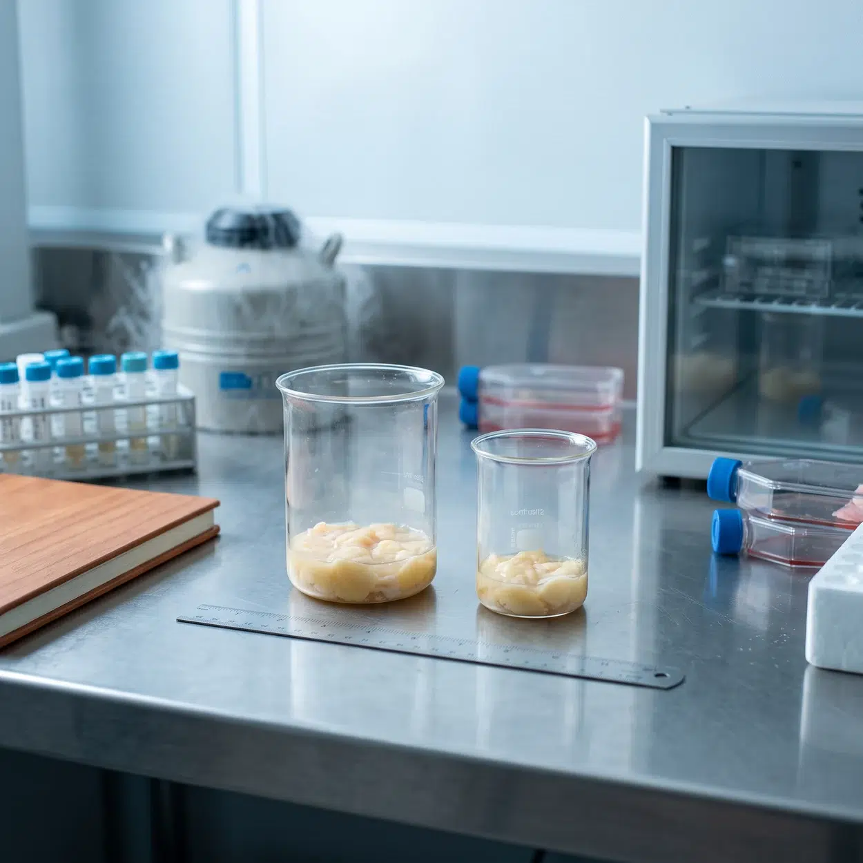 Fat Tissue After Bariatric Surgery: What Changes, And What It Means For Banking 1 Two glass beakers of adipose tissue on a steel bench, samples that show how bariatric surgery fat is studied