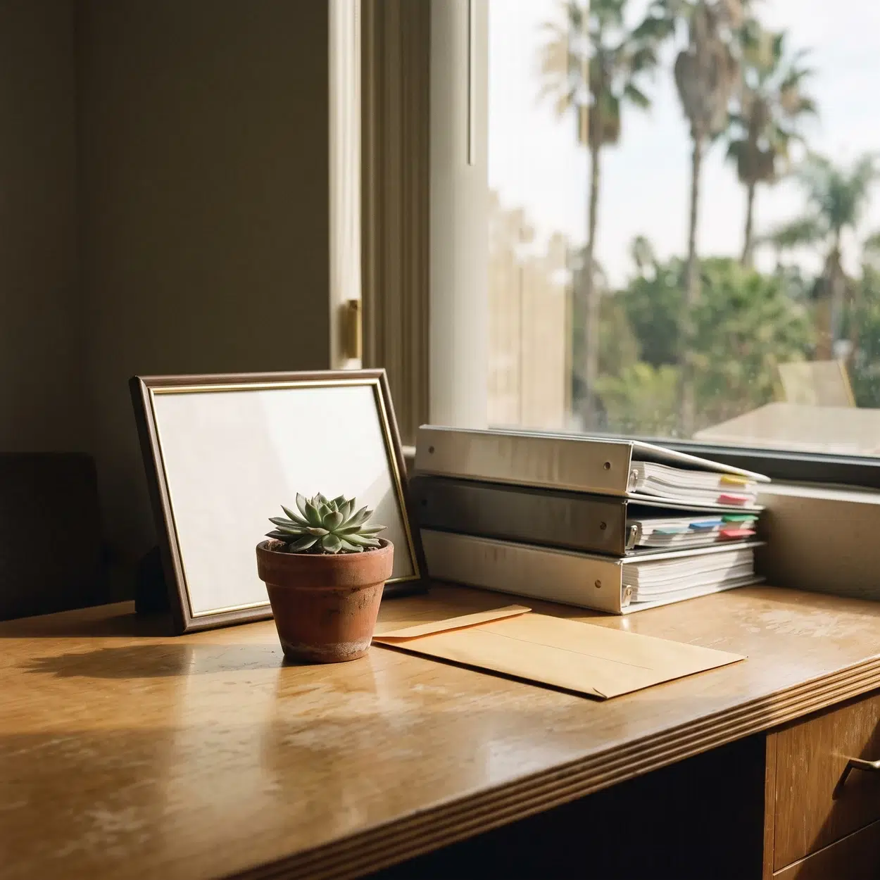 California Tissue Bank Licensing: What Health And Safety Code 1635 Requires 1 Binders, a blank frame and a succulent by a sunny palm window, an office scene for a california tissue bank license