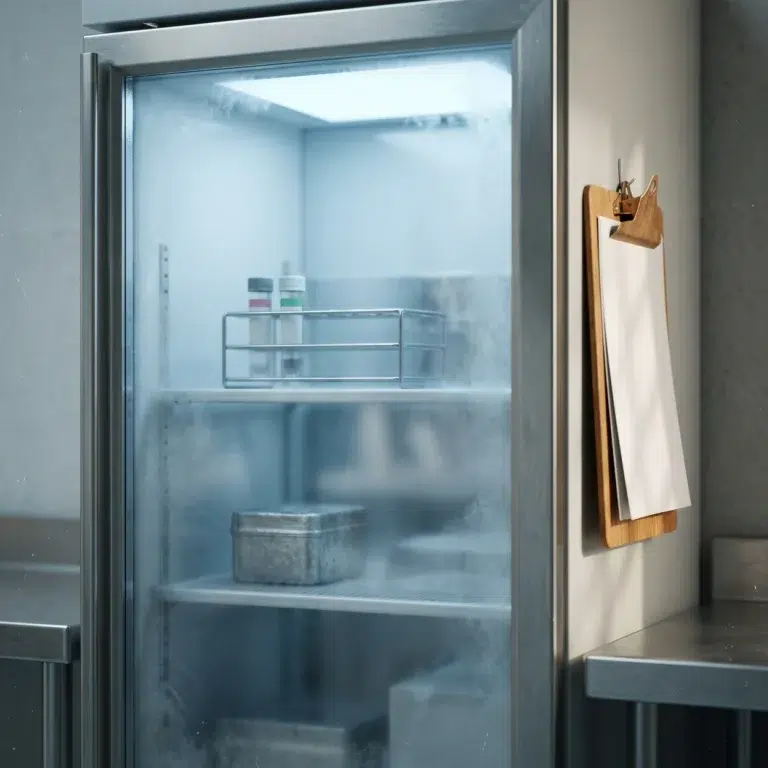 Frosted glass cold storage cabinet with a clipboard, a storage scene for comparing cord blood vs adipose banking