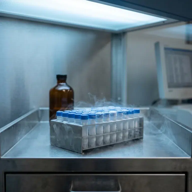 Blue capped cryovials in a frosted freezer drawer, the storage format studied in DMSO-Free Cryopreservation work