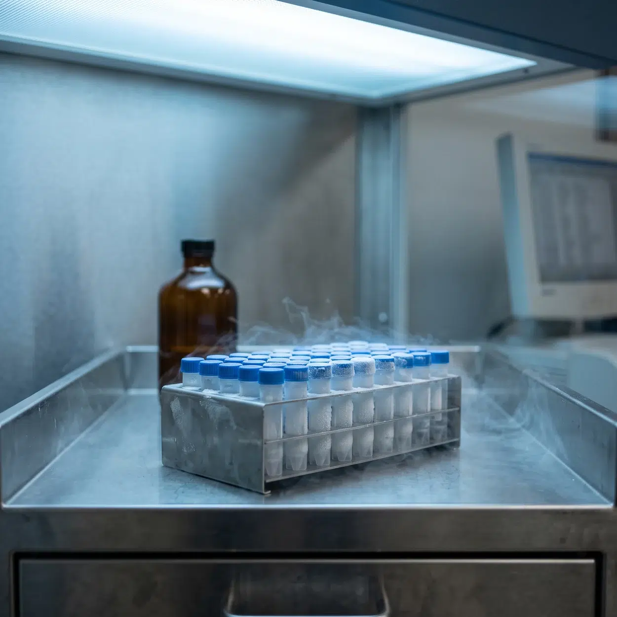Dmso-Free Cryopreservation: What 2026 Research Says About How Banked Cells Are Frozen 1 Blue capped cryovials in a frosted freezer drawer, the storage format studied in dmso-free cryopreservation work