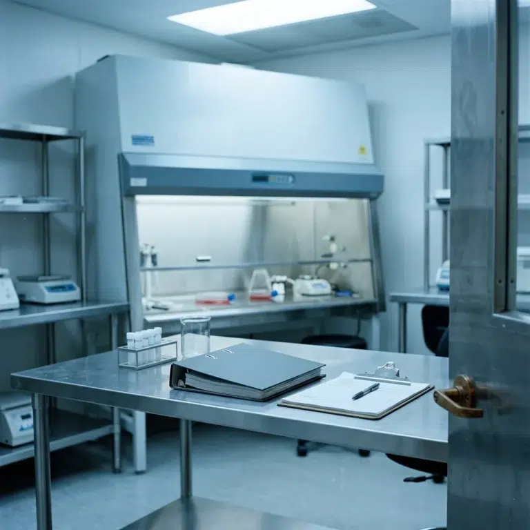 Tissue processing lab with a biosafety cabinet and an audit binder, the space examined in FDA Tissue Inspections