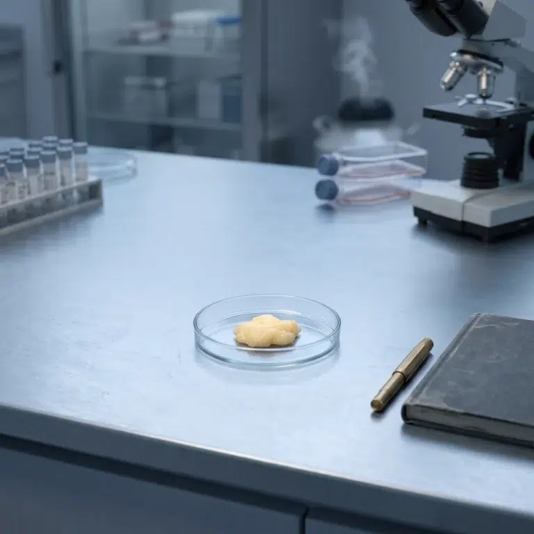 Adipose sample in a glass petri dish on a laboratory bench, the subject of GLP-1 Adipose Tissue research