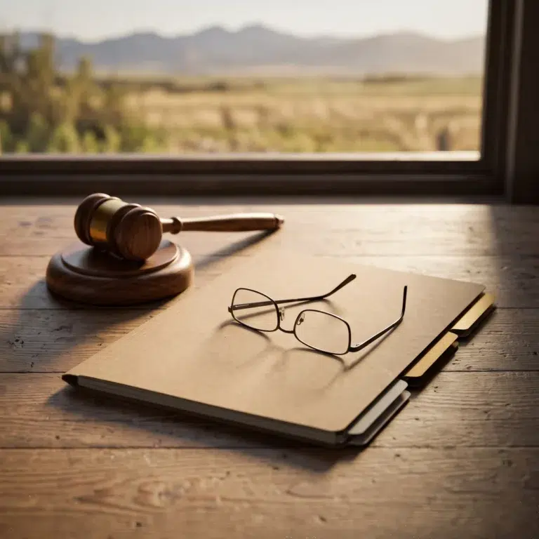 Tabbed folder, reading glasses and a gavel by a prairie window, a desk scene for a Montana Stem Cell Law guide