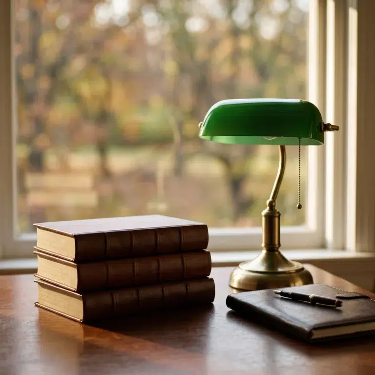 Leather books and a banker's lamp on a desk by an autumn window, the legal setting of an NY Tissue Bank License